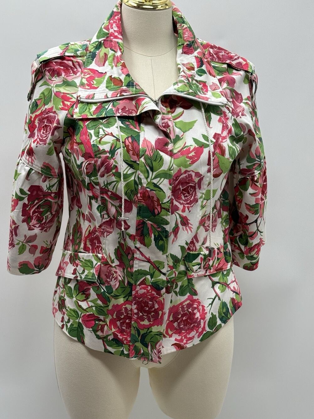 Just B Large Floral Utility Jacket White Pink Green Cotton Zip Front
